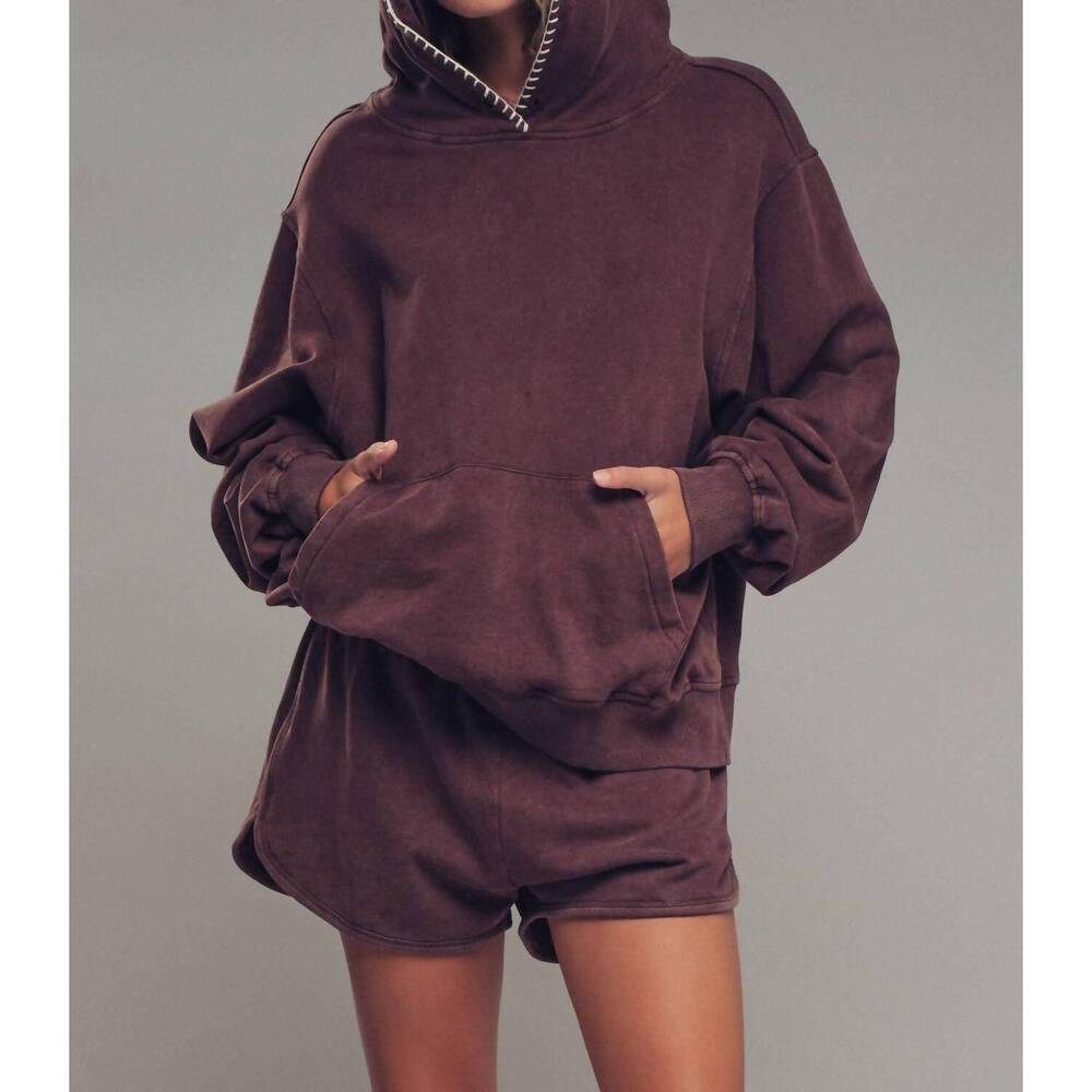 NEW URBAN DAIZY vintage-wash crochet trim hooded sweatshirt in brown